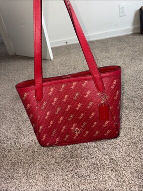 Coach Red Signature Tote with Gold Logo Detail